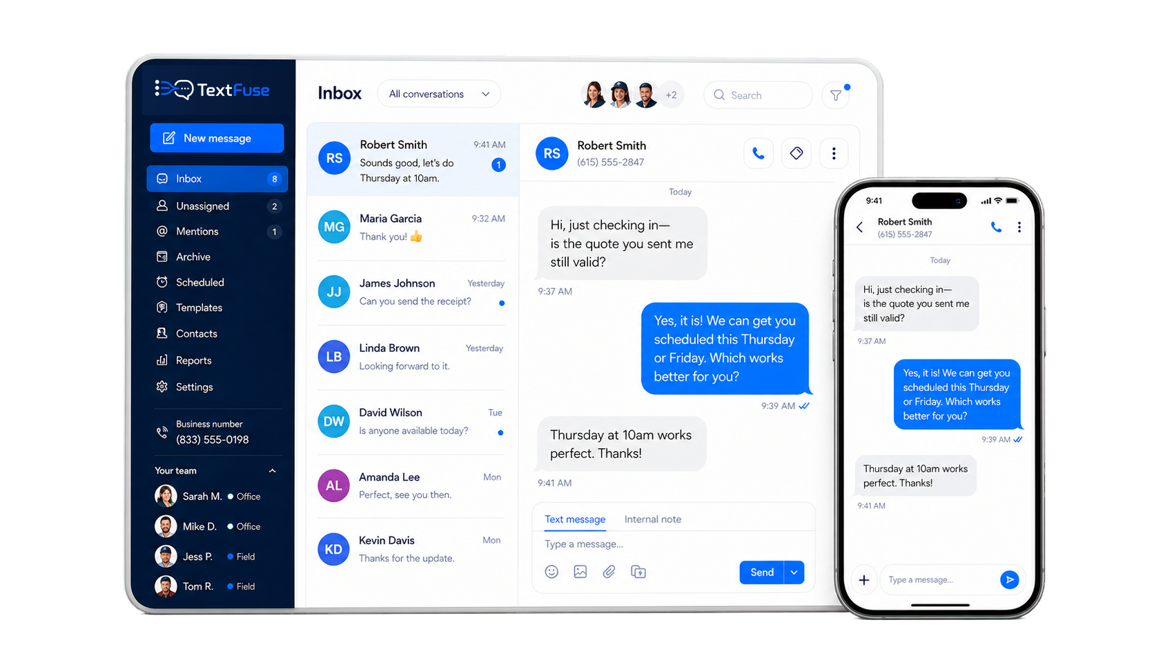 TextFuse dashboard and phone synced conversation